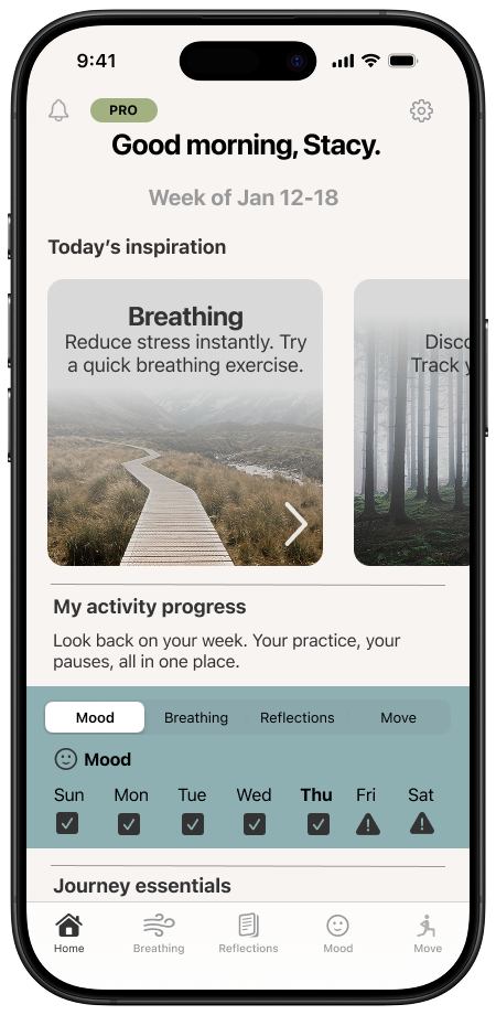 EaseUp mobile app interface showing breathing exercises, mood tracking, and wellness features
